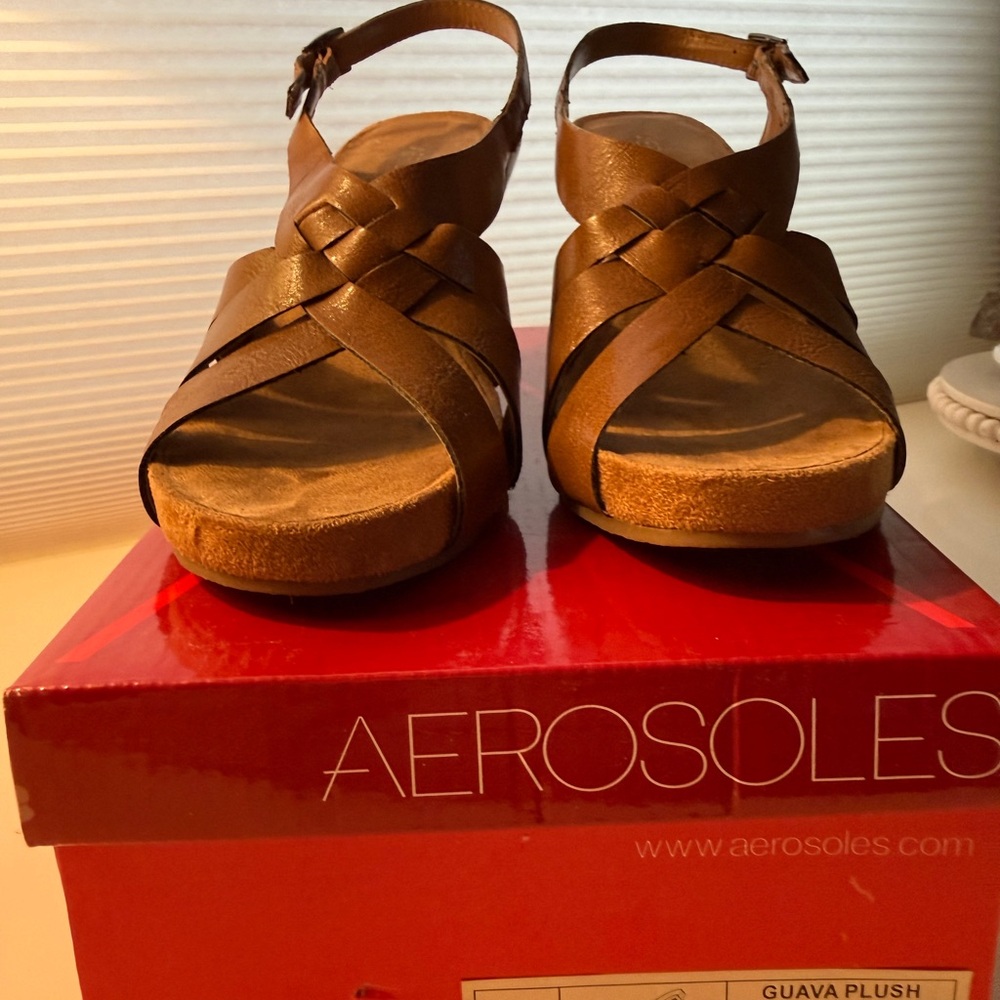 AEROSOLES Tan Woven Leather Wedge Sandals